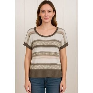 DKNY Striped Scoop Neck Knit Pullover Sweater Tan Neutrals Womens Small Casual